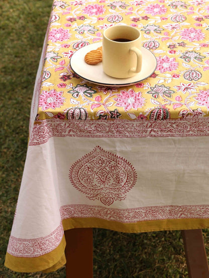 Yellow Ochre Organic Cotton Table Cover - Indian Floral Design | Verified Sustainable by Brown Living™