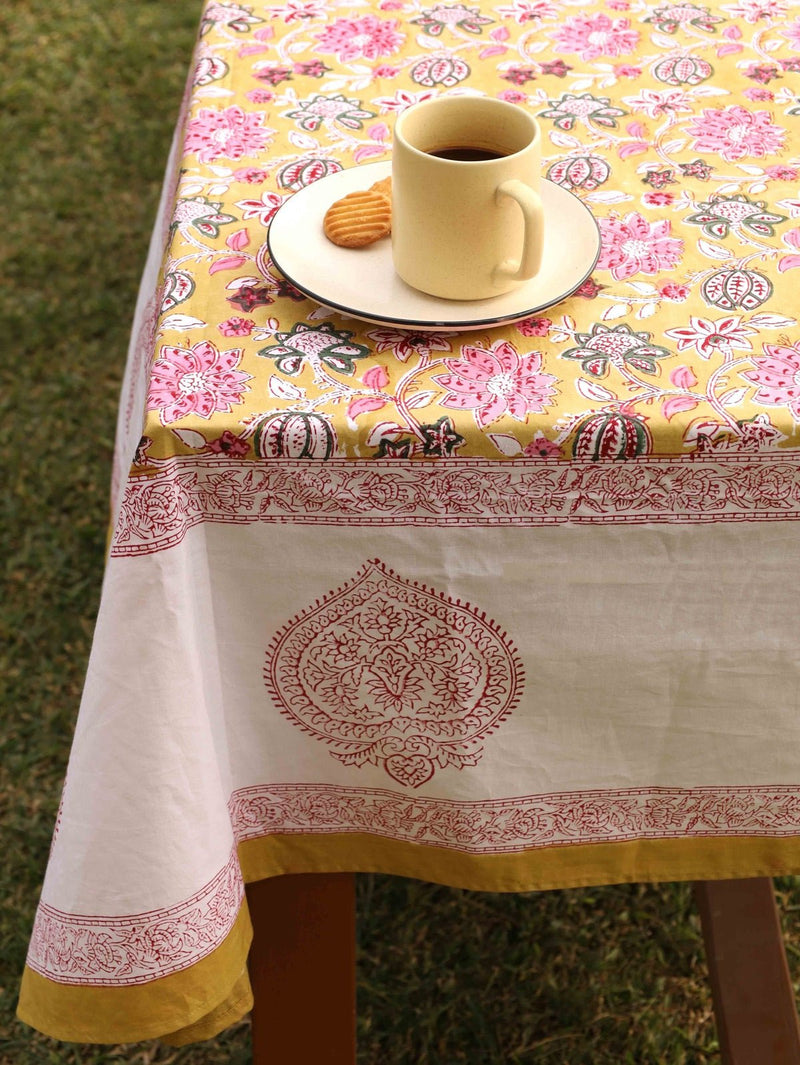 Yellow Ochre Organic Cotton Table Cover - Indian Floral Design | Verified Sustainable Table Linens on Brown Living™