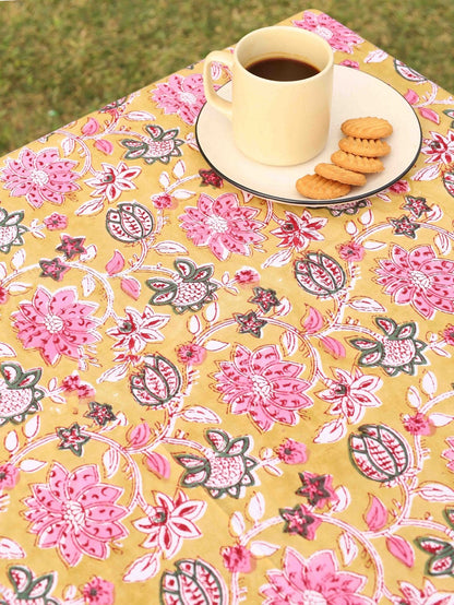 Yellow Ochre Organic Cotton Table Cover - Indian Floral Design | Verified Sustainable by Brown Living™