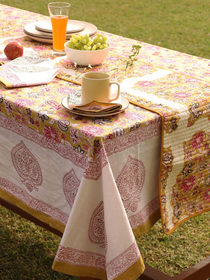 Yellow Ochre Organic Cotton Table Cover - Indian Floral Design | Verified Sustainable by Brown Living™