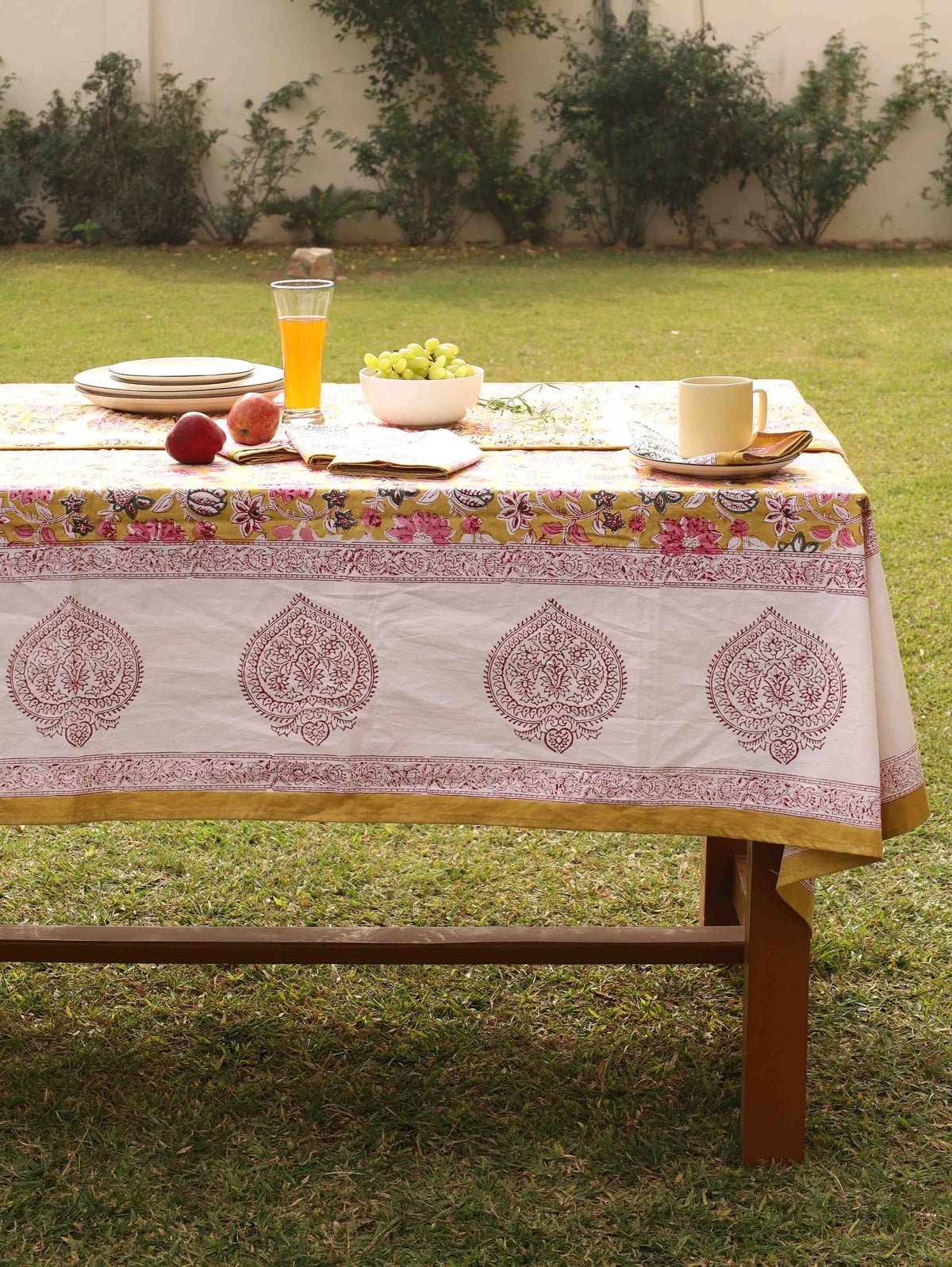 Yellow Ochre Organic Cotton Table Cover - Indian Floral Design | Verified Sustainable by Brown Living™