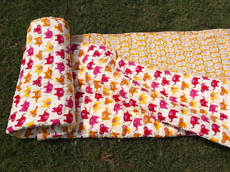 Yellow & Pink Elephant Kids handcrafted Quilt | Verified Sustainable Bed Linens on Brown Living™
