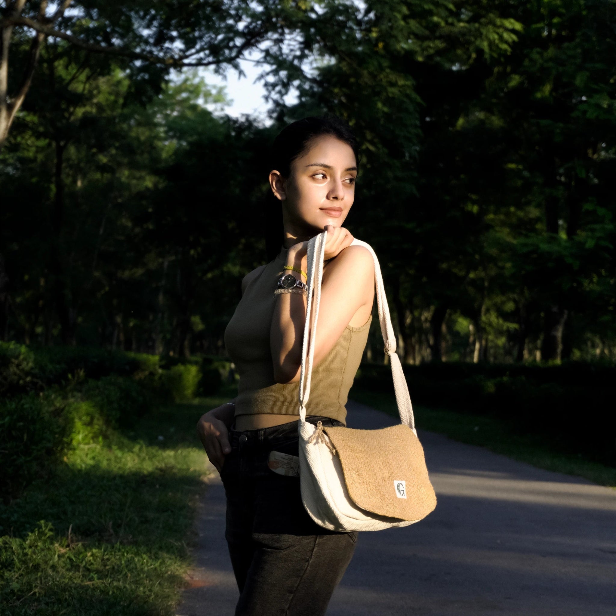 Yellow Sakura Sling Bag Sustainable Crossbody Bag | Everyday Utility – Womens Handbag on Brown Living™. SKU: OGSBGSK0104N. Img 1.