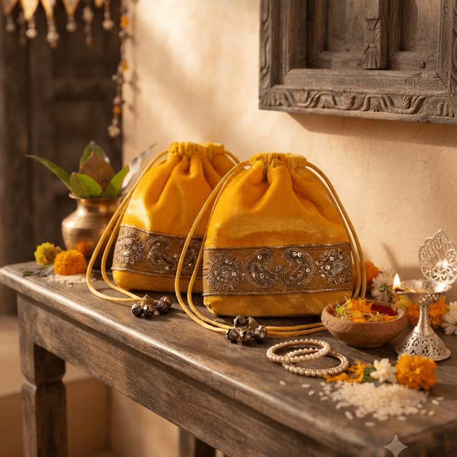 Yellow Traditional Fabric Potli Bags Set of 2 | Festive Gift Bags – Home Decor on Brown Living™. SKU: PB02. Img 1.