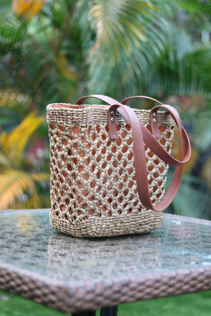 YILDIZ Wicker Tote Bag | Handwoven Natural Wicker Shoulder Bag – Handbags on Brown Living™. SKU: 427WD. Img 1.