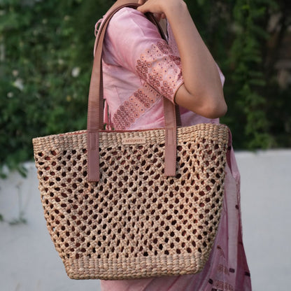 YILDIZ Wicker Tote Bag | Handwoven Natural Wicker Shoulder Bag – Handbags on Brown Living™. SKU: 427WD. Img 1.