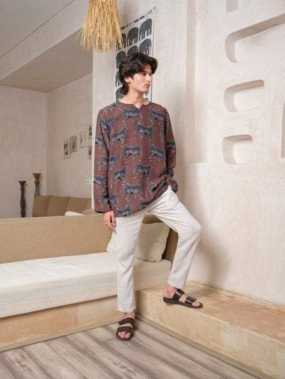 Yog - Brown Indigo Ajrakh Block Print Tunic Kurta | Organic Cotton – Mens Kurta by Vasudhaa Vastrram available on Brown Living™. S . SKU: VBLKF6S001M5007. Img 2.