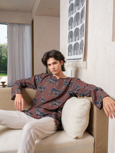 Yog - Brown Indigo Ajrakh Block Print Tunic Kurta | Organic Cotton – Mens Kurta by Vasudhaa Vastrram available on Brown Living™. S . SKU: VBLKF6S001M5007. Img 4.