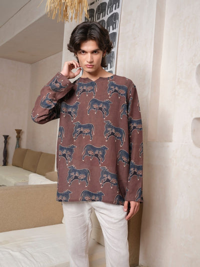 Yog - Brown Indigo Ajrakh Block Print Tunic Kurta | Organic Cotton – Mens Kurta by Vasudhaa Vastrram available on Brown Living™. S . SKU: VBLKF6S001M5007. Img 3.