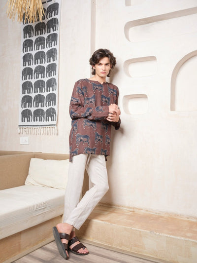 Yog - Brown Indigo Ajrakh Block Print Tunic Kurta | Organic Cotton – Mens Kurta by Vasudhaa Vastrram available on Brown Living™. S . SKU: VBLKF6S001M5007. Img 7.