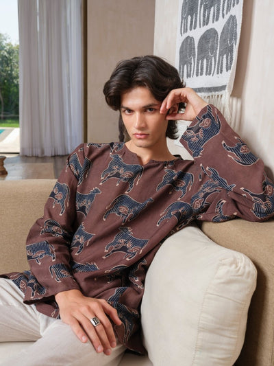 Yog - Brown Indigo Ajrakh Block Print Tunic Kurta | Organic Cotton – Mens Kurta by Vasudhaa Vastrram available on Brown Living™. S . SKU: VBLKF6S001M5007. Img 6.