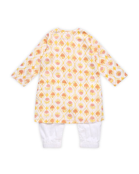 Zahra - Handblock Printed Infant Kurta with Attached Pyjama (Onesie) | Verified Sustainable Kids Ethnic Sets on Brown Living™