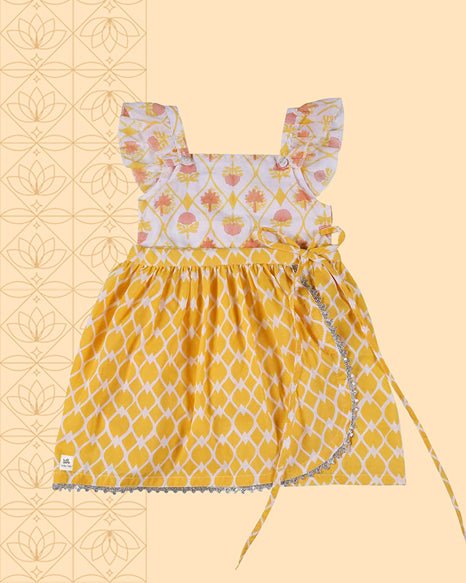 Zahra - Handblock Printed Infant Onesie with Detachable Lehenga Skirt and Matching Clips | Verified Sustainable Kids Ethnic Sets on Brown Living™