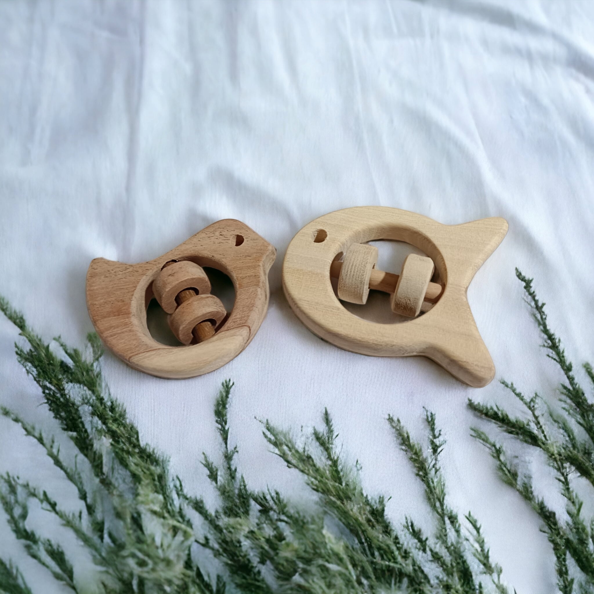Zero - Chemical Natural Neem Wooden Rattles – Dove & Fish Shapes – Baby Rattles on Brown Living™. SKU: R_DV-FSH. Img 2.