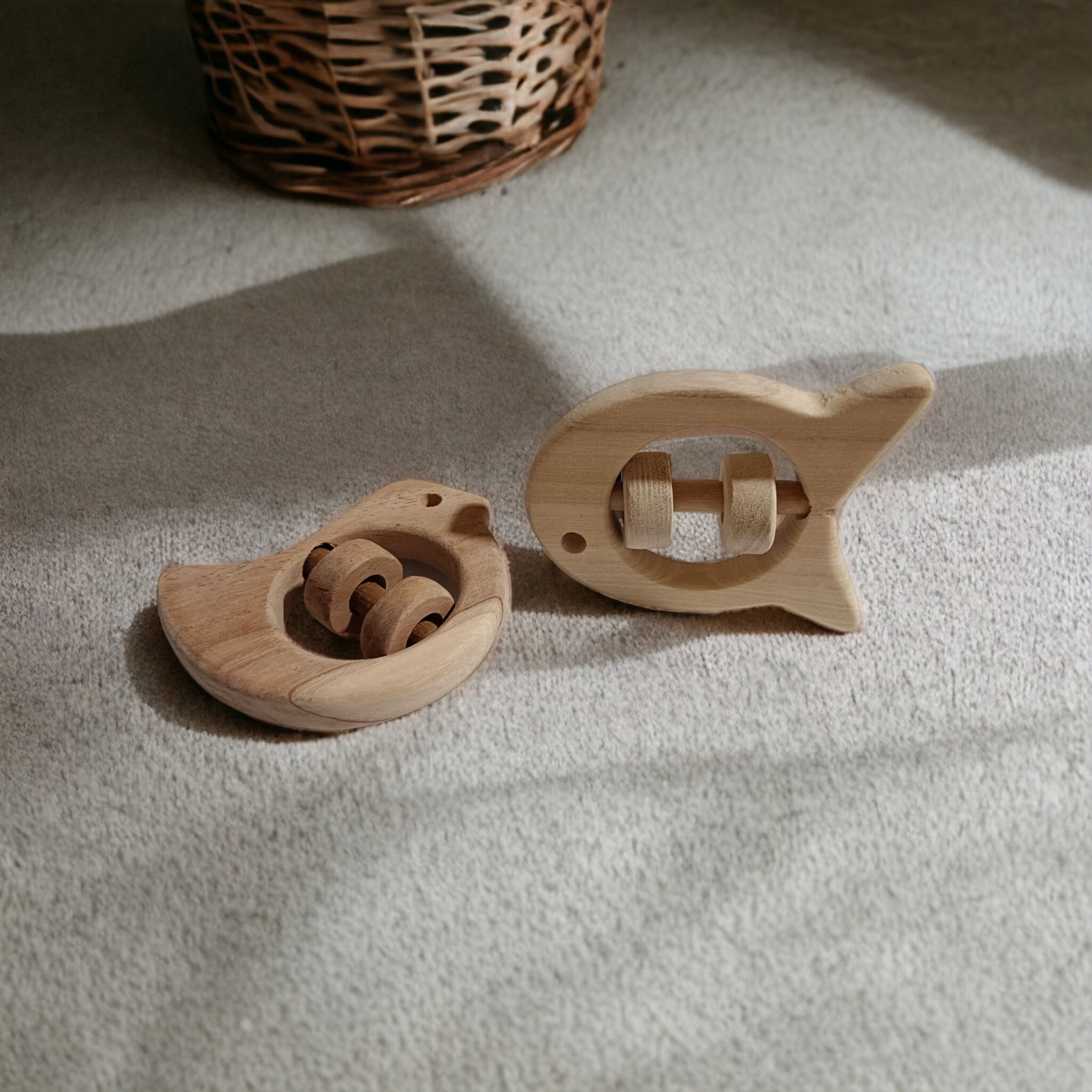 Zero - Chemical Natural Neem Wooden Rattles – Dove & Fish Shapes – Baby Rattles on Brown Living™. SKU: R_DV-FSH. Img 4.