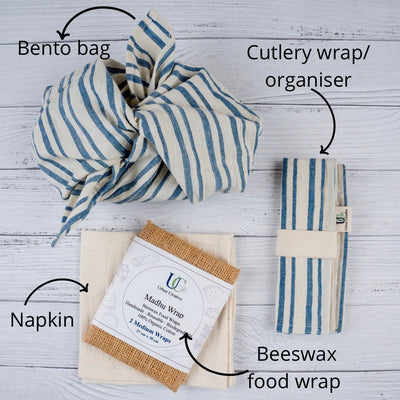 Zero Waste Bento Bag Kit ( Bento Bag+Cutlery Wrap+Beeswax Wrap+Napkin) – Gift Giving on Brown Living™. SKU: UC_ZeroWL - Blue. Img 7.
