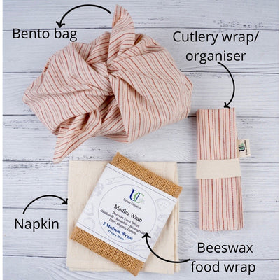 Zero Waste Bento Bag Kit ( Bento Bag+Cutlery Wrap+Beeswax Wrap+Napkin) – Gift Giving on Brown Living™. SKU: UC_ZeroWL - Red. Img 4.