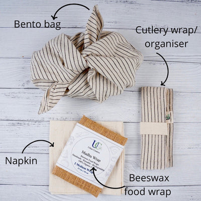 Zero Waste Bento Bag Kit ( Bento Bag+Cutlery Wrap+Beeswax Wrap+Napkin) – Gift Giving on Brown Living™. SKU: ZeroWL - Black. Img 1.