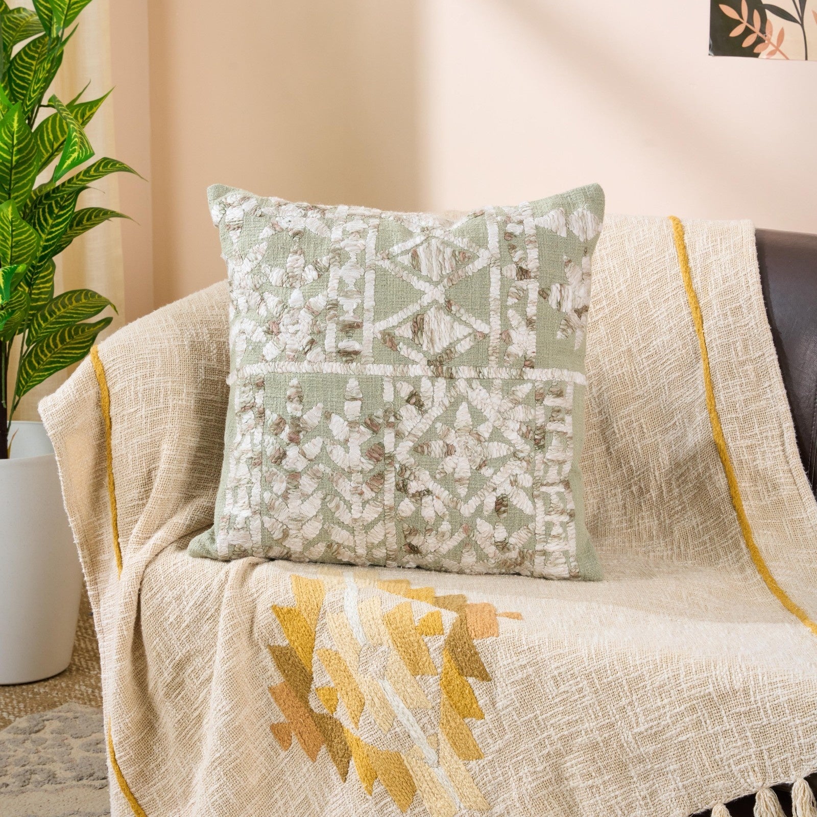 Zigzag Wave Cotton Slub Cushion | Textured Decorative Accent Cushion – Pillow on Brown Living™. SKU: TEE-25714. Img 1.