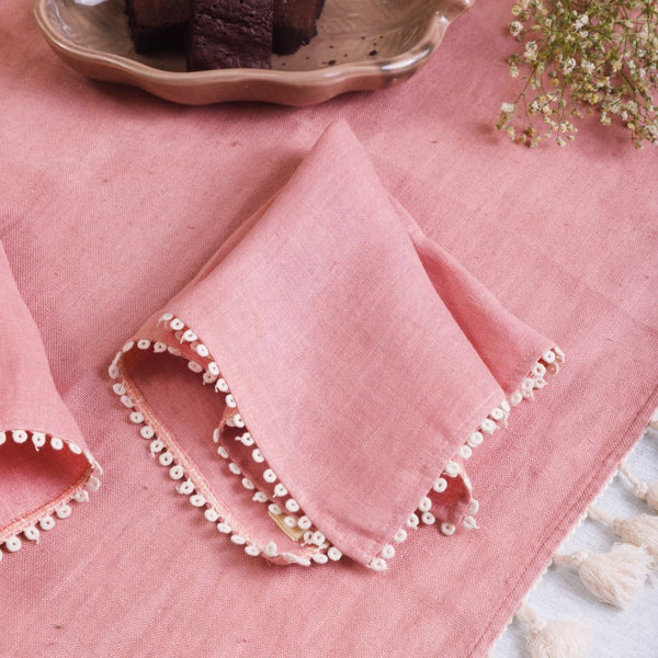 Buy 100% Hemp Table Napkins | Pink with Lace work| Set of 4/6 | Shop Verified Sustainable Products on Brown Living
