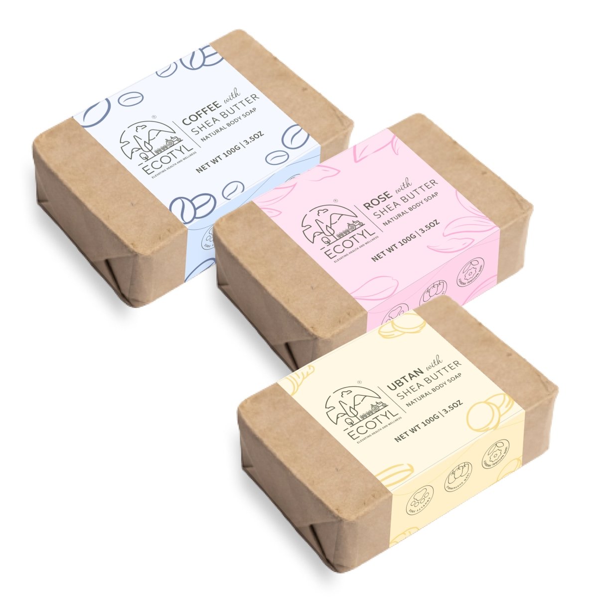 100% Natural Shea Butter Soaps Ubtan, Rose & Coffee Set of 3 | Verified Sustainable by Brown Living™