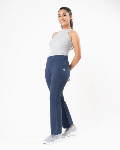 100% Organic Cotton Blue Flared Bottom Athleisure Pant For Women | Verified Sustainable by Brown Living™