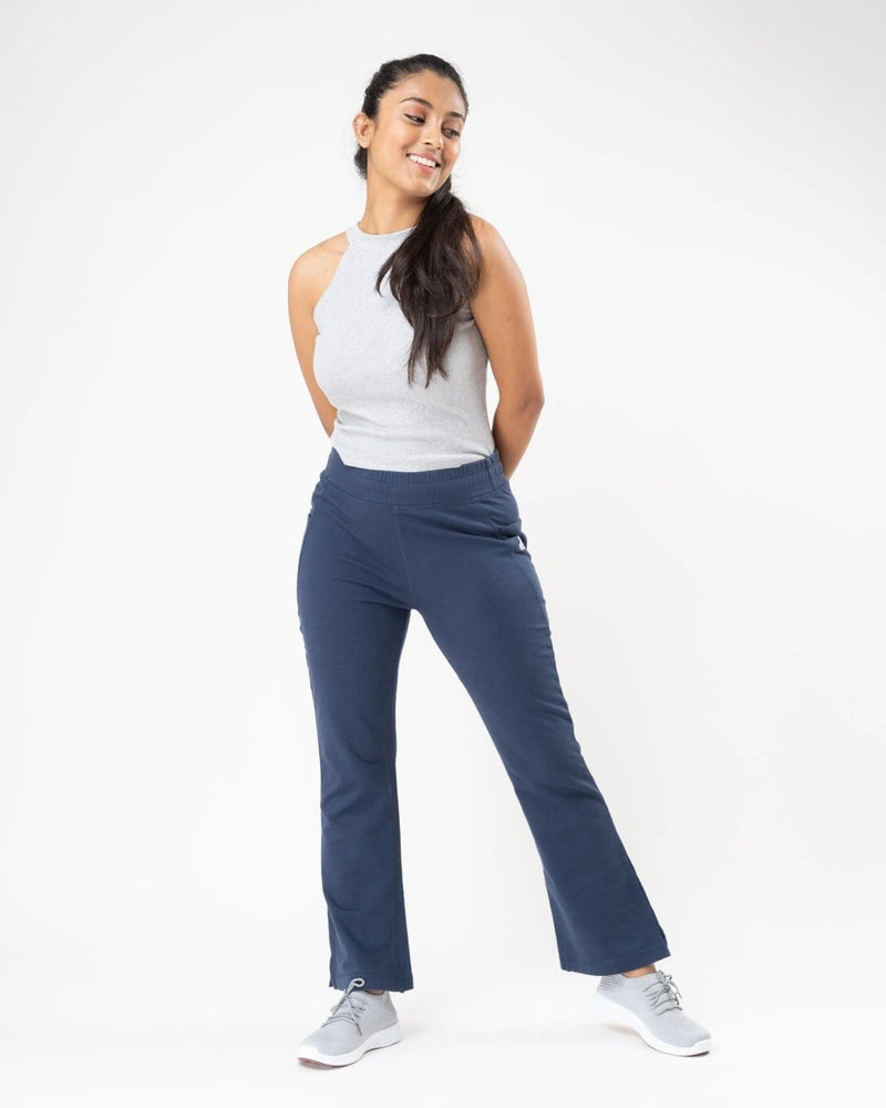 Buy 100% Organic Cotton Blue Flared Bottom Athleisure Pant For Women | Shop Verified Sustainable Womens Pants on Brown Living™