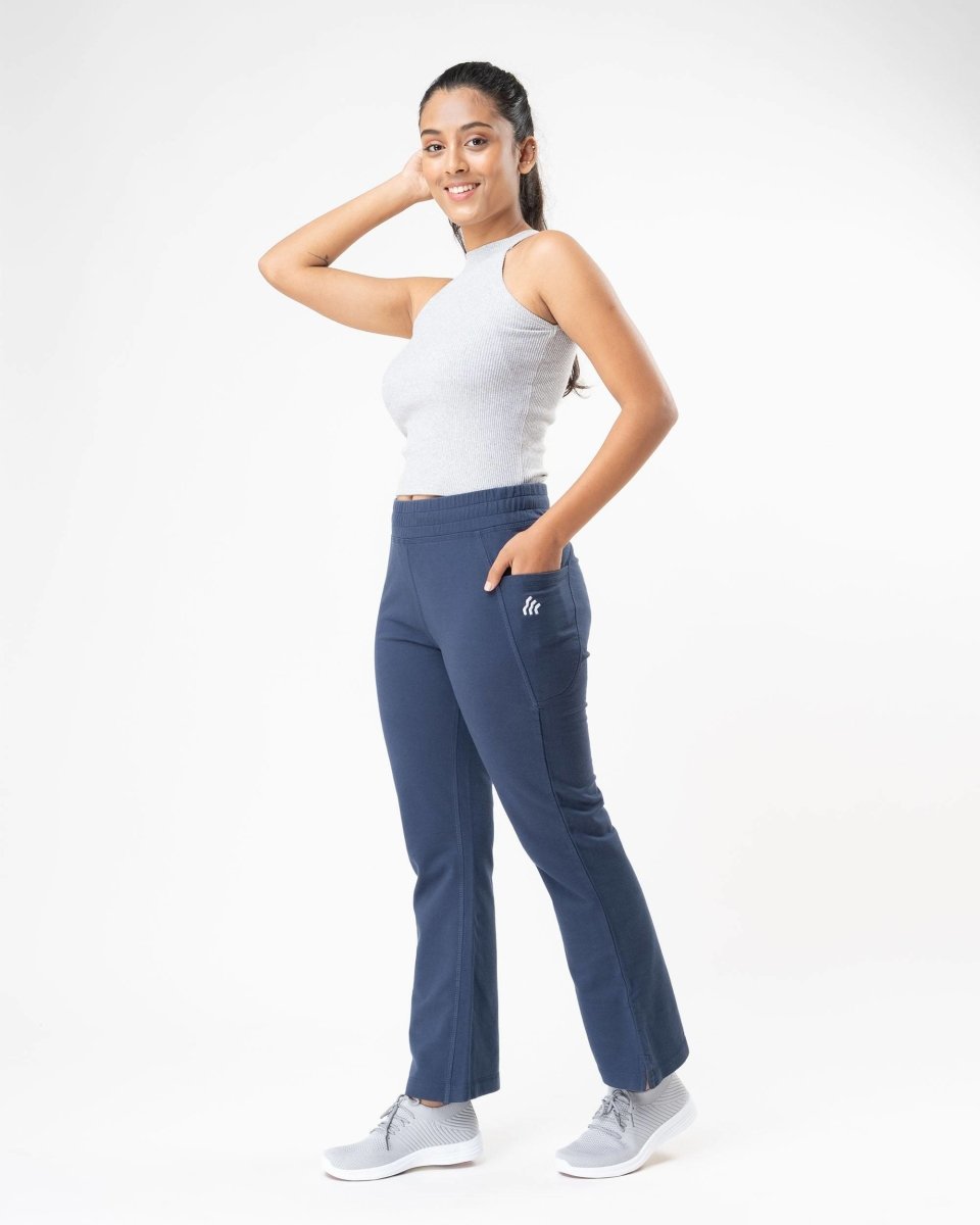 100% Organic Cotton Blue Flared Bottom Athleisure Pant For Women | Verified Sustainable by Brown Living™