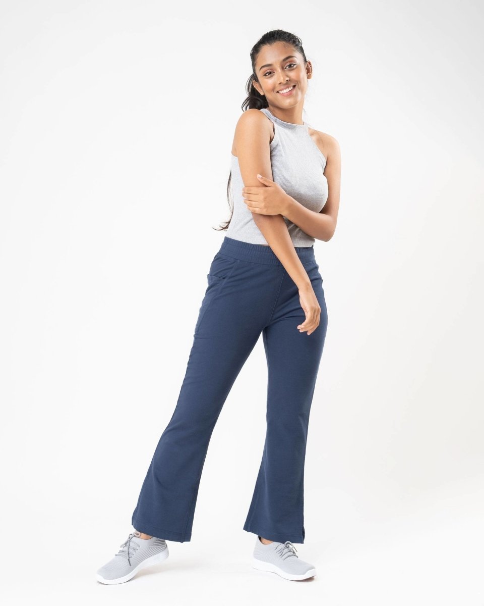 100% Organic Cotton Blue Flared Bottom Athleisure Pant For Women | Verified Sustainable by Brown Living™