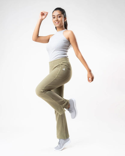 100% Organic Cotton Green Flared Bottom Athleisure Pant For Women | Verified Sustainable by Brown Living™