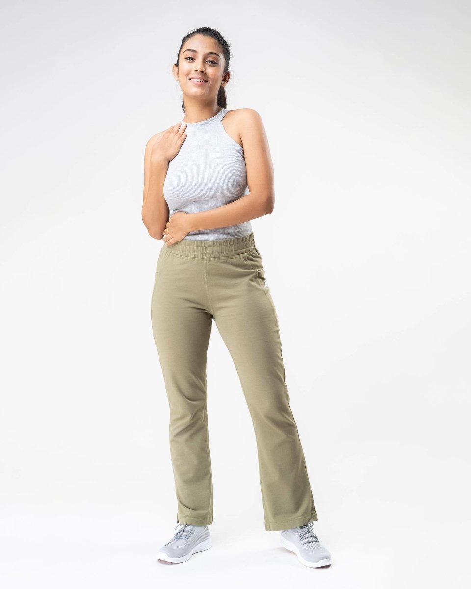 100% Organic Cotton Green Flared Bottom Athleisure Pant For Women | Verified Sustainable by Brown Living™