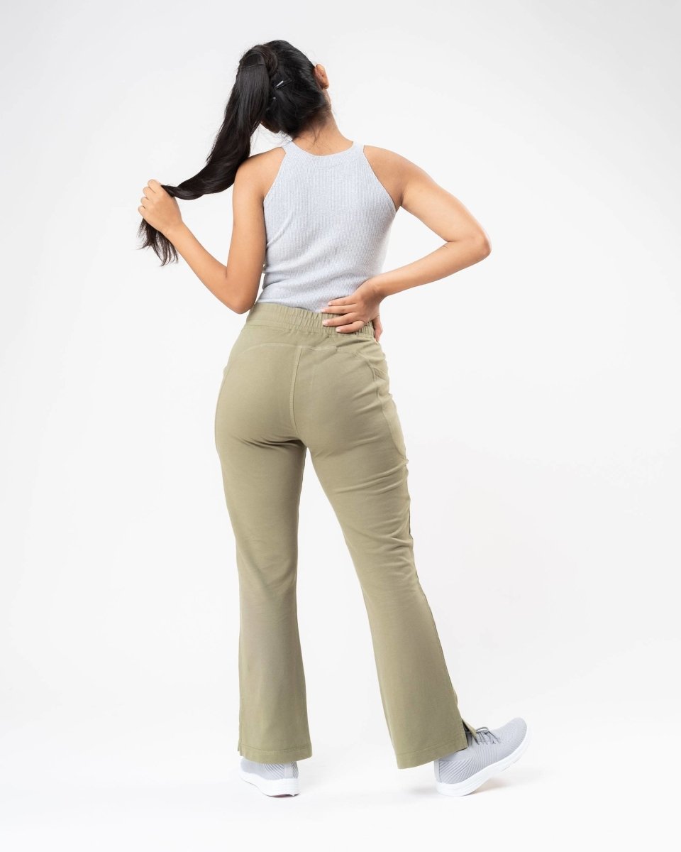 100% Organic Cotton Green Flared Bottom Athleisure Pant For Women | Verified Sustainable by Brown Living™