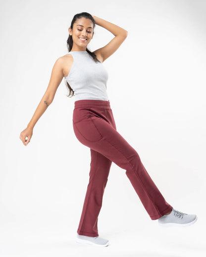 100% Organic Cotton Maroon Flared Bottom Athleisure Pant For Women | Verified Sustainable by Brown Living™