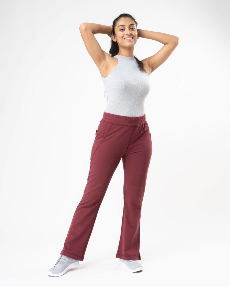 Buy 100% Organic Cotton Maroon Flared Bottom Athleisure Pant For Women | Shop Verified Sustainable Womens Pants on Brown Living™