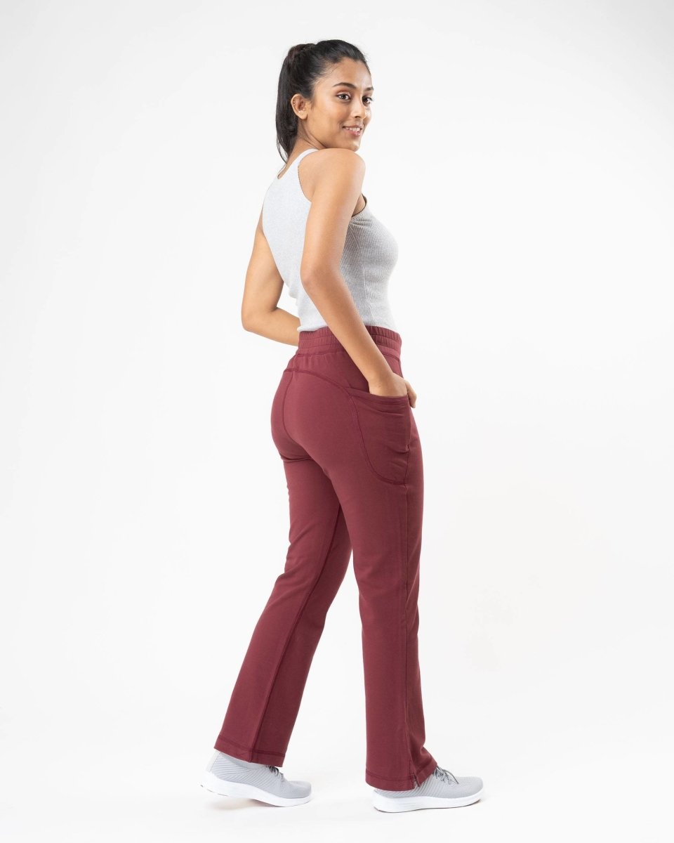 100% Organic Cotton Maroon Flared Bottom Athleisure Pant For Women | Verified Sustainable by Brown Living™