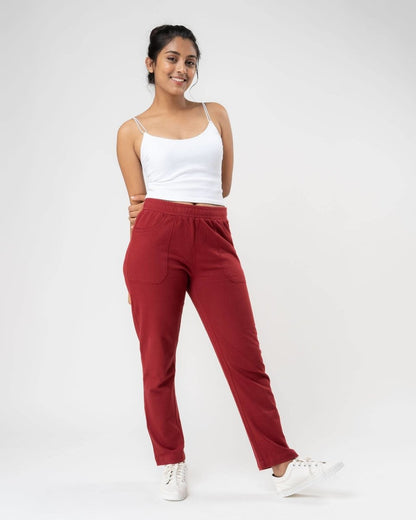 100% Organic Cotton Red Regular Fit Athleisure Pant for Women | Verified Sustainable by Brown Living™