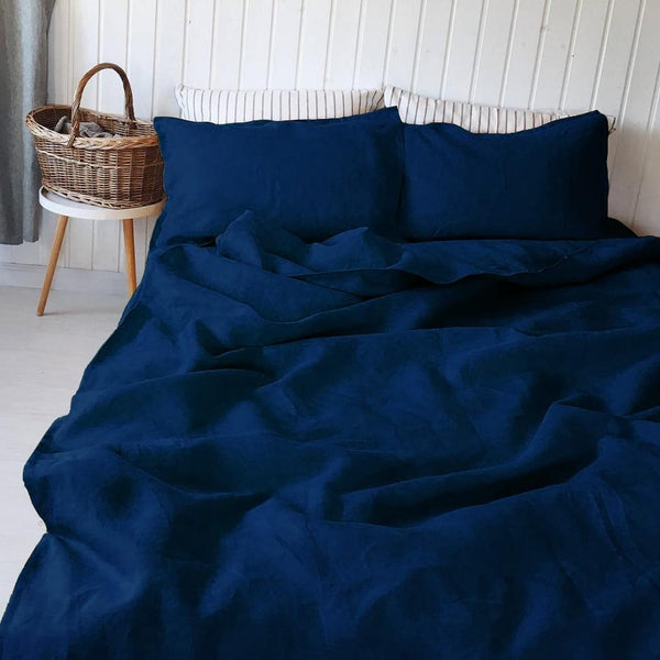Buy 100% Pure Linen Midnight Blue Luxury Bedsheet Set | Shop Verified Sustainable Bed Linens on Brown Living™