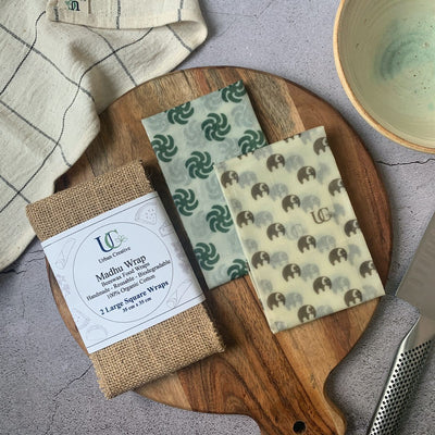 2 Large Square 14" x 14" Madhu Wrap Reusable Beeswax Wrap – Food Wraps on Brown Living™. SKU: UC - 119MWS2LS14. Img 1.