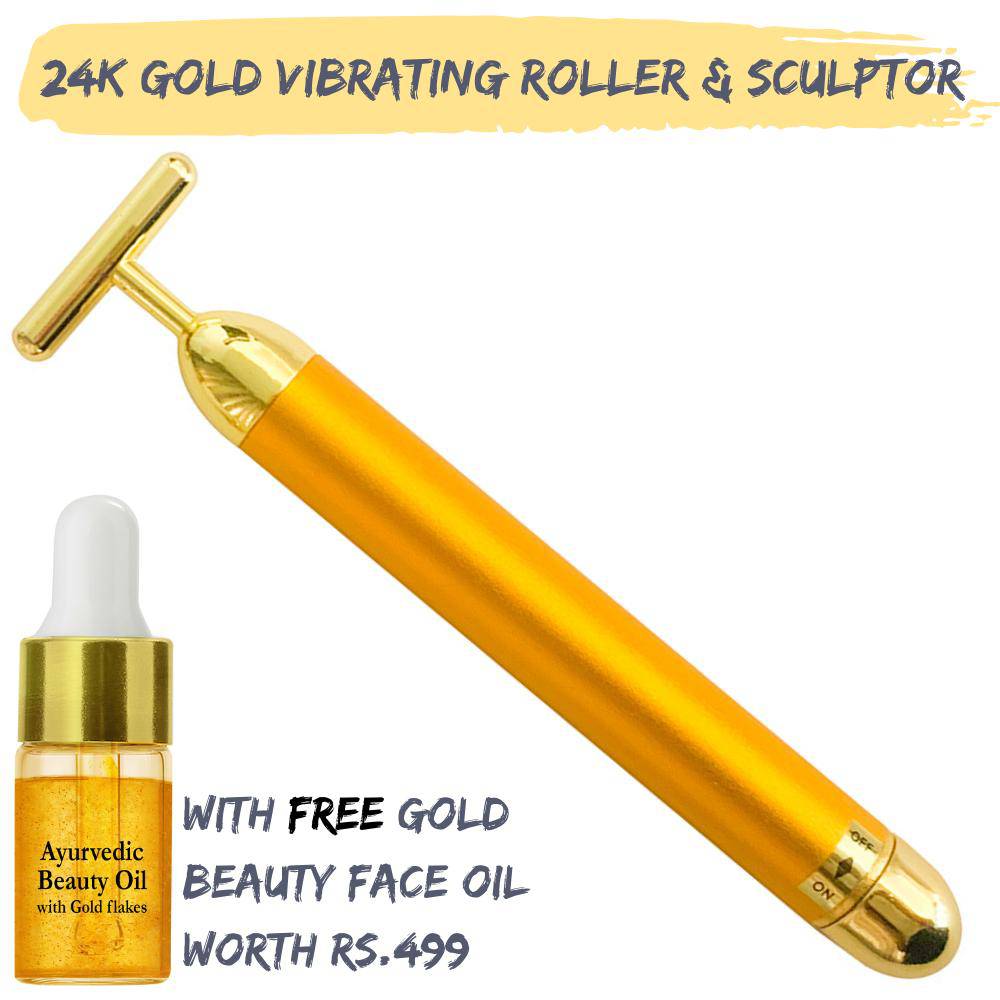 24k Gold Vibrating Face Roller & Sculptor | FREE Gold Beauty Elixir Oil – Massager by Natural Vibes available on Brown Living™. . SKU: 063 - 13171 - NV_gold_roller_oil. Img 3.