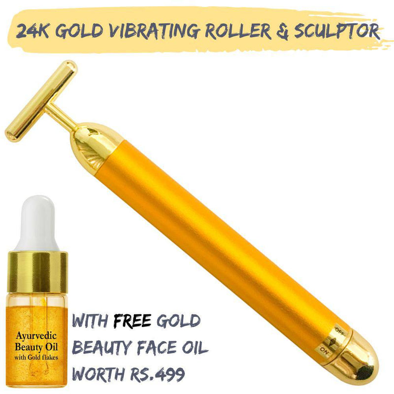 Buy 24k Gold Vibrating Face Roller & Sculptor | FREE Gold Beauty Elixir Oil | Shop Verified Sustainable Massager on Brown Living™