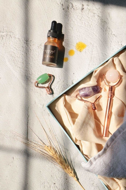 3 in 1 Facial Roller - Rose Quartz, Jade and Amethyst – Massager on Brown Living™. SKU: Lamina - 1. Img 4.
