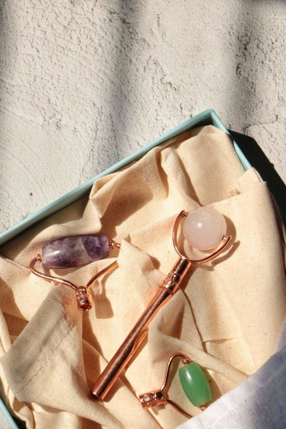 3 in 1 Facial Roller - Rose Quartz, Jade and Amethyst – Massager on Brown Living™. SKU: Lamina - 1. Img 2.