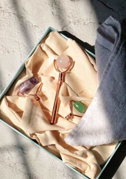 3 in 1 Facial Roller - Rose Quartz, Jade and Amethyst – Massager on Brown Living™. SKU: Lamina - 1. Img 3.