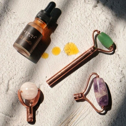 3 in 1 Facial Roller - Rose Quartz, Jade and Amethyst – Massager on Brown Living™. SKU: Lamina - 1. Img 1.
