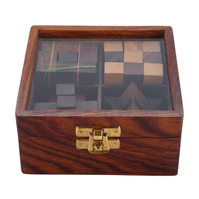 4 - in - One Wooden Puzzle Games Set | 3D Brain Teaser Game – Learning & Educational Toys on Brown Living™. SKU: 1003440. Img 2.