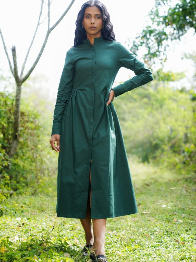 Buy Adara Button down dress | Full sleeves green dress | Shop Verified Sustainable Products on Brown Living