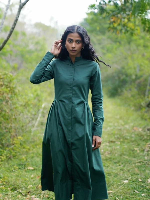 Buy Adara Button down dress | Full sleeves green dress | Shop Verified Sustainable Womens Dress on Brown Living™