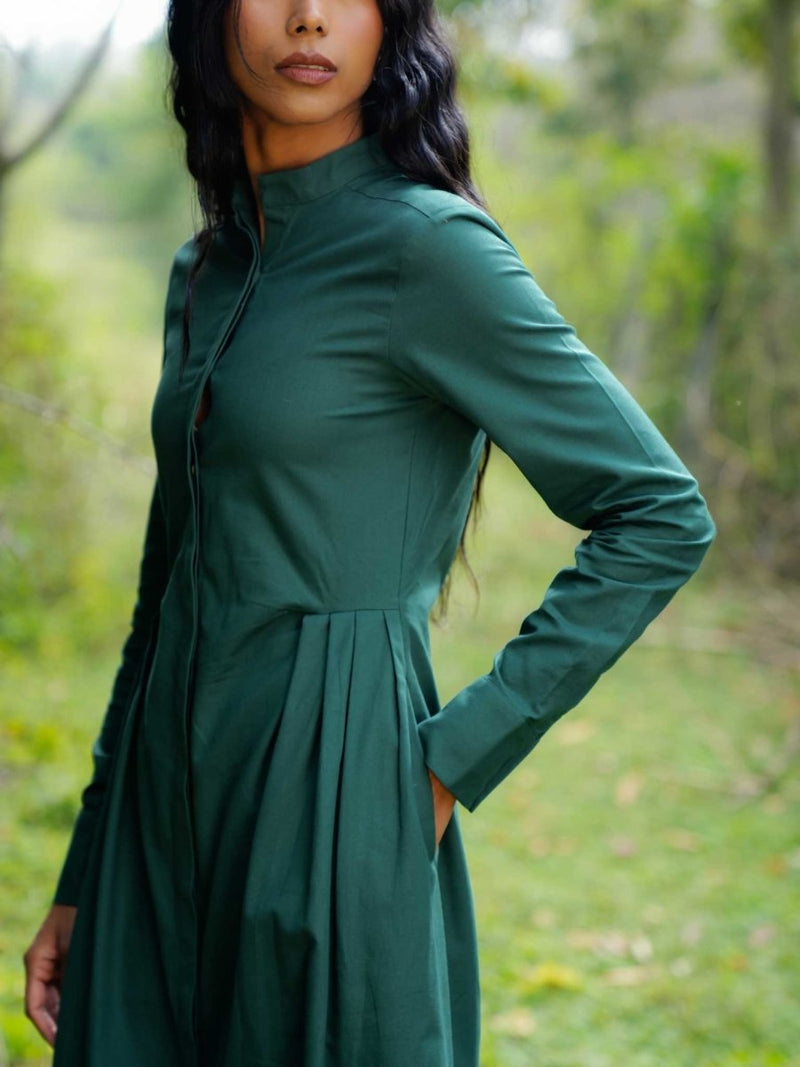 Buy Adara Button down dress | Full sleeves green dress | Shop Verified Sustainable Products on Brown Living