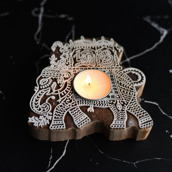 Buy Airavat Wooden T- Light Holder with a pack of 6 soywax t- light candles | Shop Verified Sustainable Candles & Fragrances on Brown Living™