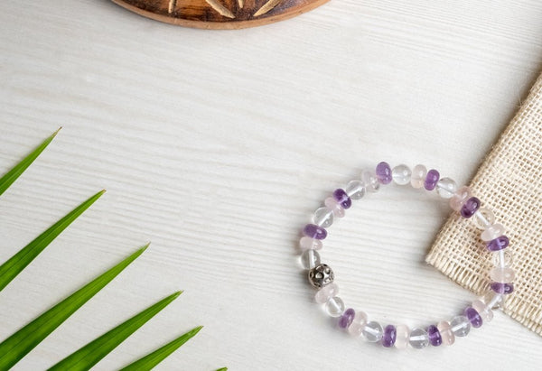 Buy Amethyst, rose quartz & clear quartz bracelet for strength, love and fulfilling relationship | Shop Verified Sustainable Womens Accessories on Brown Living™